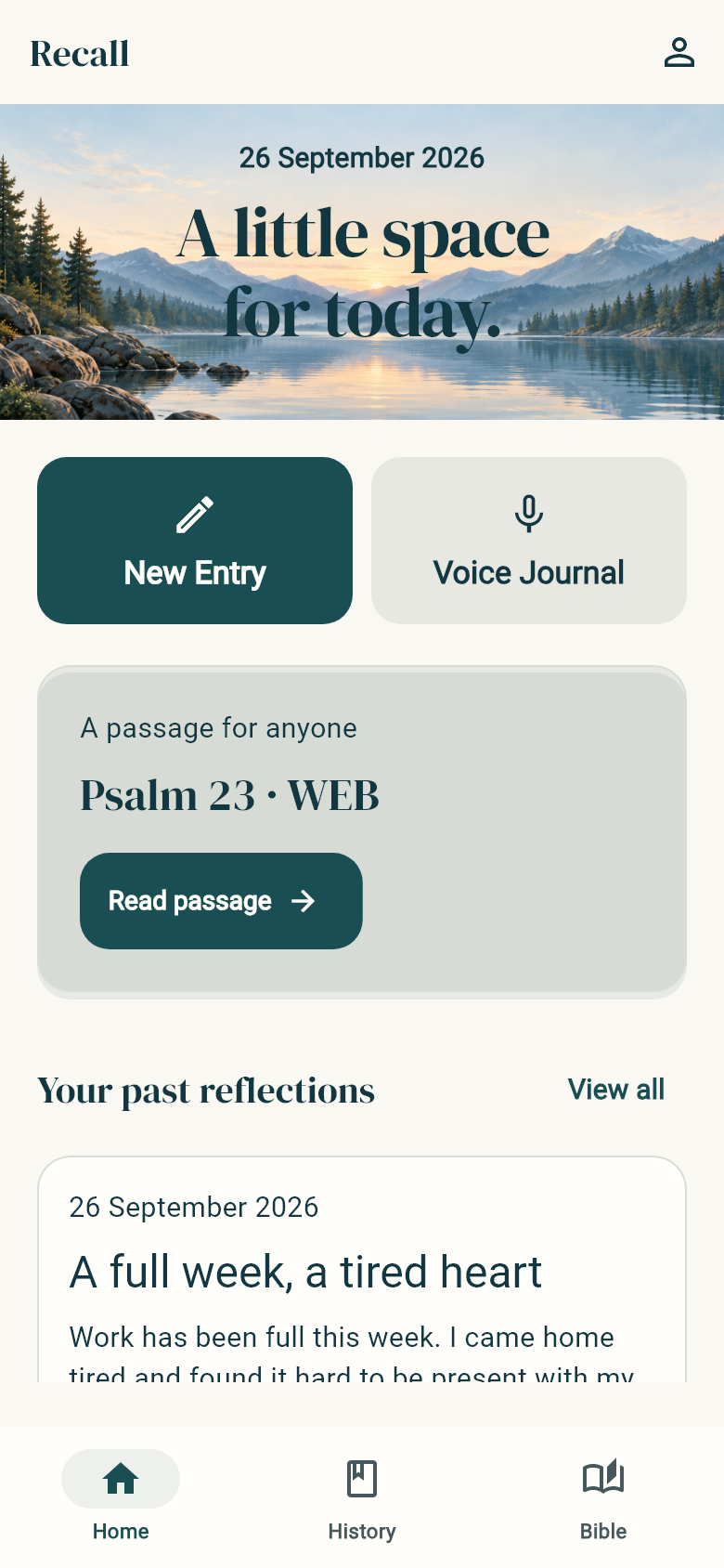 Recall’s Stillwater home: a little space for today, New Entry, Voice Journal, Scripture, and past reflections.